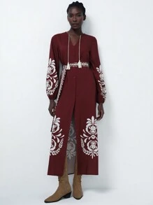 Aveloria Modichic Elegant Bohemian V-Neck Tassel Tied Retro Printed Dress, Long Sleeve Casual Vacation Dress For Women Fall Cloth For Women - Redwood - View 5