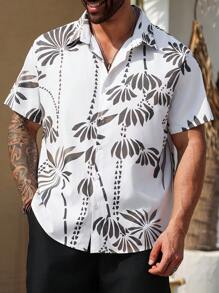 ResortEase Men's Plant Print Short Sleeve Button-Down Casual Shirt - Beige - View 6