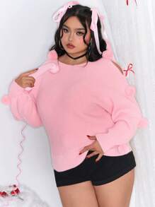 ROMWE Kawaii 大码情人节可爱毛绒球圆领露肩针织毛衣 - 粉色 - 查看 4