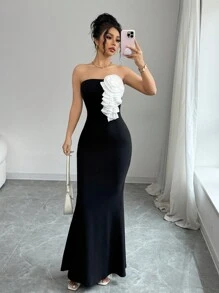 Elenzga Women Elegant Tube Dress With Sculpted Floral Design Fishtail Dress