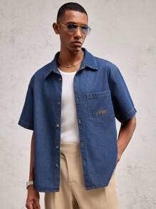 Business Casual Camisa casual holgada para hombre con bordado de letra, azul, adecuada para uso diario, primavera/verano, vacaciones - Azul - Ver 6