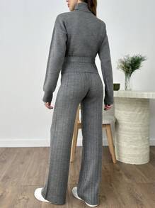 EURMUSE 2pcs High Neck Sweater With Tie And Long Knit Pants Set - Grey - View 2