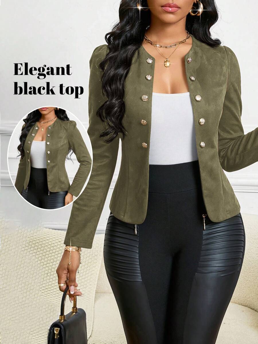 SHEIN Lady Four Season/ Attire/ Suede Black Button Detail Open Front Jacket In Fall/Winter - Army Green - View 1