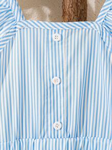 Young Girls Sweet Floral Print Stripe Sleeveless Dress, Young Girl Garden Style Vacation Princess Long Dress, Suitable For Daily Wear Or Outdoor Play, Young Girl Formal Dress - Blue - View 4