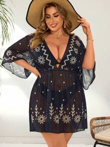 SHEIN Swim Curve Top caftan ample d'été pour femmes grandes tailles, imprimé placé, coupe décontractée - Noir et Blanc - Voir 3
