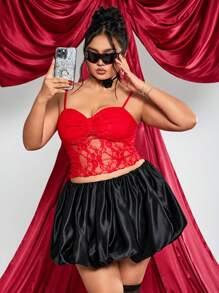 SHEIN ICON 大码红色蝴蝶结蕾丝吊带背心，适合情人节 - 紅色 - 查看 1