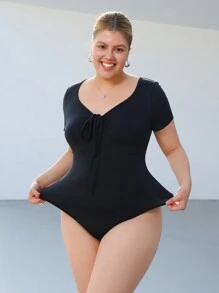 SHEIN EZwear Plus Size Women Solid Color V-Neck Short Sleeve Front Tie Casual Bodysuit For Spring - Black - View 6