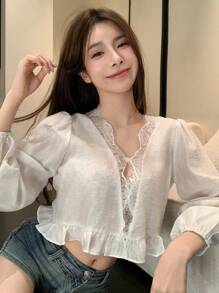 DAZY V-Neck Loose Lace Ruffle Patchwork Long Sleeve Blouse For Women Linen - White - View 2