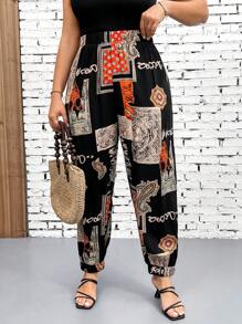 Breezaya Plus Size Women Vintage Printed Drawstring Casual Vacation Pants - Multicolor - View 1