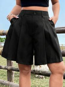 Rustia Pantalones cortos largos de color negro elegantes y sencillos para mujeres de talla grande, estilo de transporte