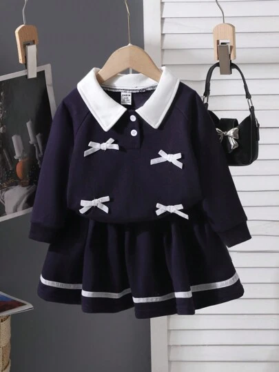 SHEIN Baby Girl Grey Long Sleeve Bowknot Dress Set