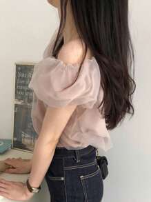 DAZY 女士撞色网眼泡泡袖衬衫，春夏可爱上衣 - 杏色 - 查看 2