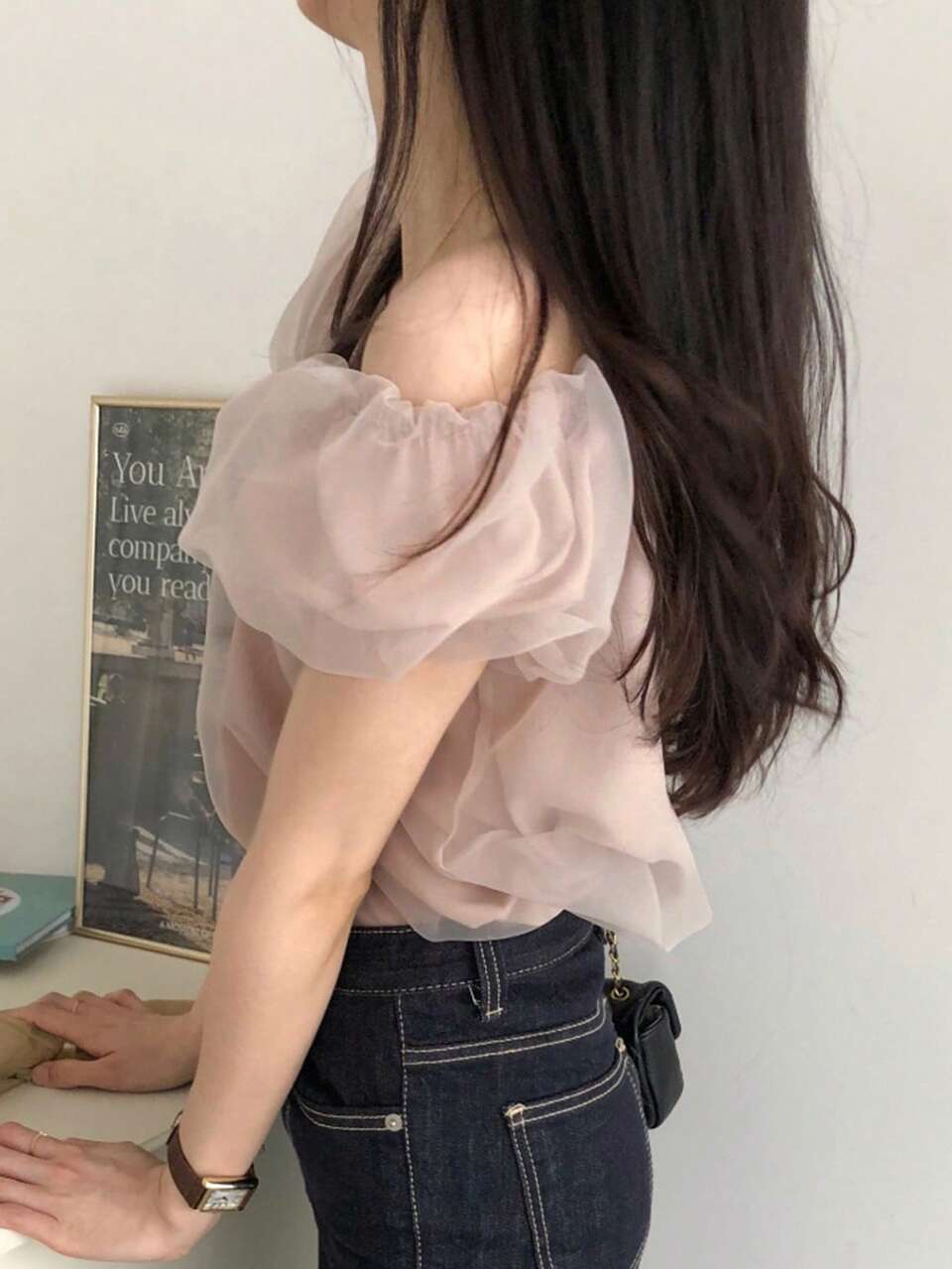 Women Contrast Mesh Puff Sleeve Blouse, Spring/Summer Cute Tops