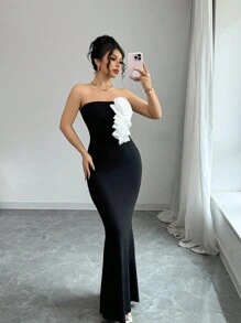 Elenzga Women Elegant Tube Dress With Sculpted Floral Design Fishtail Dress