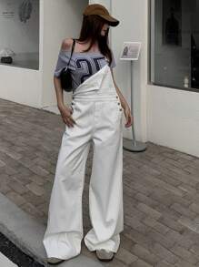 DAZY Women's Wide Leg Loose Denim Bib Overalls With Pockets Fall,Winter - White - View 5