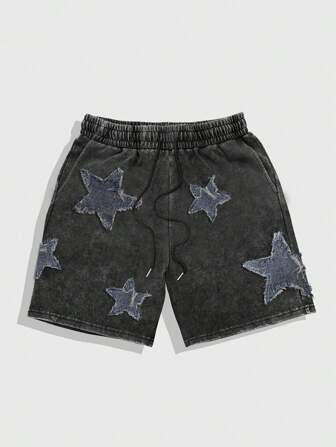 Street Life Pantalones cortos casuales para hombre con bordado de estrella, estilo sencillo lavado, para uso diario