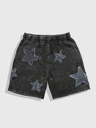 Street Life Pantalones cortos casuales para hombre con bordado de estrella, estilo sencillo lavado, para uso diario