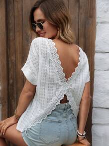SHEIN LUNE Women Casual Textured Patchwork Lace Trim Criss-Cross Hollow Back Short Sleeve T-Shirt