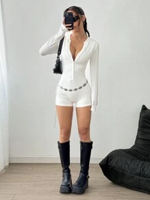 Flirla Women's Casual Textured Button Placket Long Sleeve Fitted Jumpsuit - White - View 5