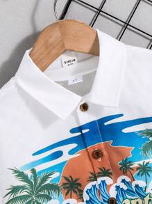 SHEIN Leap Crew 2 件儿童年轻男孩休闲学院风舒适、时尚、简约、实用、百搭、柔软舒适、度假风格图案透气舒适、白色短袖衬衫和短裤适合日常使用、度假、海边、学校、旅行、运动、春夏季节 - 白色 - 查看 4