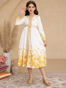 Tween Girls' Elegant Floral Lace & Gradient Rose Print Long Sleeve Dress, Suitable For Daily Work, Parties, Family Gatherings, Casual Vacation, Spring/Summer - White - View 7