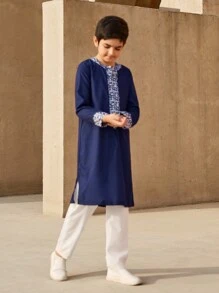 2pcs Tween Boy Retro Print Long Sleeve Top & Solid Color Pants Set - Black - View 6