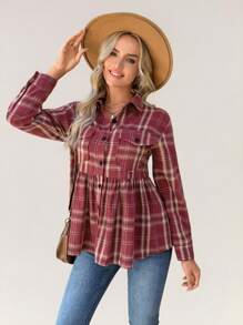 SHEIN LUNE Autumn Green Plaid Vintage Flannel Long Sleeve Peter Pan Collar Cardigan Shirt, Women