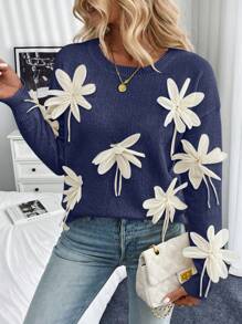 SHEIN Unity Jersey de cuello redondo con flores 3D de moda, jersey de punto de otoño/invierno - Azul - Ver 3