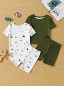 2pcs Infant/Toddler Boys Cute Car Print Tight-Fit Short Sleeve T-Shirt And Shorts Pajama Sets, Snug Fit