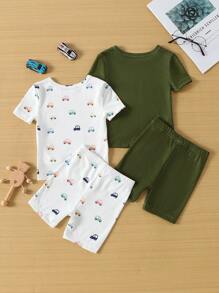 2pcs Infant/Toddler Boys Cute Car Print Tight-Fit Short Sleeve T-Shirt And Shorts Pajama Sets, Snug Fit
