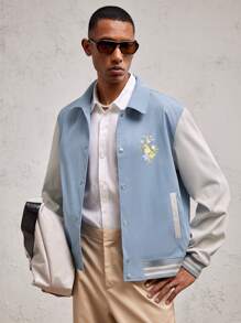 AKNOTIC Business Casual Men's Light Blue Floral Print Woven Panel Contrast Color Casual Jacket, Slim Fit, Suitable For Spring/Summer, Couples, Valentine's Day, Daily Commute