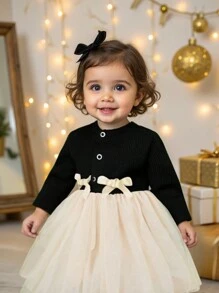 Baby Girl Winter Knitted Mesh Dress - Black - View 1