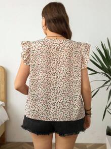 SHEIN LUNE Plus Size Round Neck Short Sleeve Pleated Ditsy Floral Top, Perfect For Casual Vacation Summer Vacation Woman Business Casual Woman Going Out Tops Women Spring For Women Spring Break Boho/Bohemian,Holiday,Resort Tops Wedding Guest Women Casual Elegant Graphic Tees - Multicolor - View 2