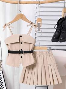 SHEIN Young Girls Casual Commuting Grey Suspender Shirt With Dark Grey Pleated Skirt And Black Belt, 2 Pieces Outfit - Khaki - View 1