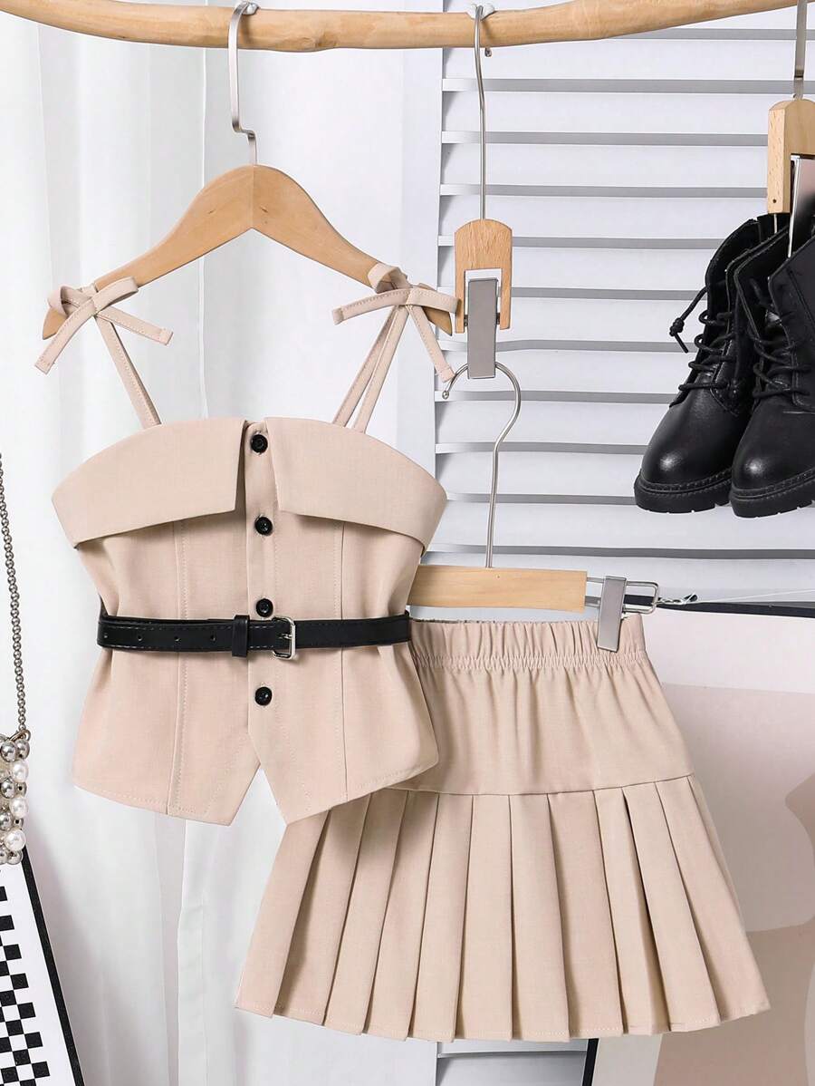 SHEIN Young Girls Casual Commuting Grey Suspender Shirt With Dark Grey Pleated Skirt And Black Belt, 2 Pieces Outfit - Khaki - View 1