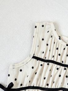 SHEIN Baby Girl Infant Toddler 0-3years Casual Elegant Daily Black & White Polka Dot Bow Ribbon Pleated Sleeveless Blouse Tee Shirt - Apricot - View 5