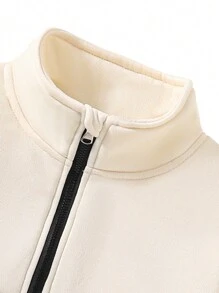 SHEIN Tween Girl Half-Placket Contrast Zipper Stand Collar Ribbed Cuff & Hem Sweatshirt & Leggings Set - Apricot - View 4