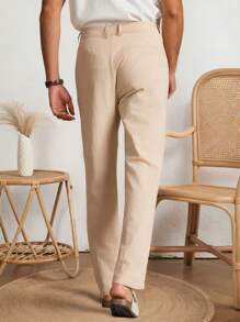 Manfinity VCAY Men's Casual Plain Straight Leg Relaxed Fit Woven Khaki Pants, Young Everyday Style - Khaki - View 4