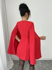 Chiquease Women's Elegant V-Neck Slit Sexy Cute Mini Dress, Date, Valentine's Day, Party, Bow Accent, Solid Red Fall Cloth For Women - Red - View 2