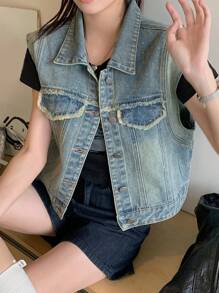 DAZY Women's Rhinestone Frayed Sleeveless Denim Vest And Jacket - Light Wash - View 2
