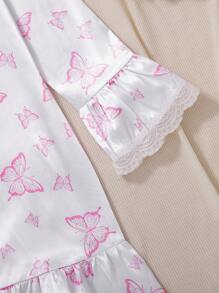 Tween Girls Minimalist White Base Pink Bow Floral Print Long Sleeve Long Nightgown Loungewear - Multicolor - View 5