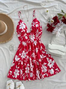 Soleia 女士节日编织花卉印花吊带裙，红色底色，白色花朵，夏季款式，迷你连衣裙 - 紅白色 - 查看 5
