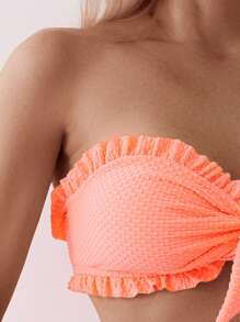 女士纯色荷叶边抹胸性感比基尼套装，适合夏季海滩穿着 - 橘色 - 查看 4