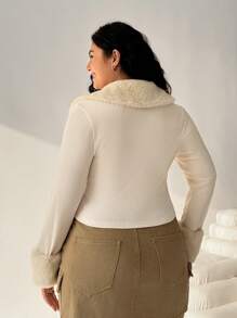 SHEIN EZwear Cárdigan de talla grande para mujer, de unicolor y con acabado fuzzy en patchwork