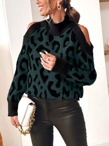 SHEIN Clasi 女士圆领露肩长袖休闲套头毛衣针织衫秋冬款 - 墨綠色 - 查看 1