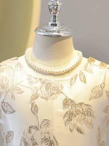 Tween Girls Round Neck Sleeveless Jacquard A-Line Pleated Back Dress, Luxurious, Elegant Flower Girl/Bridesmaid Wedding Dress - Apricot - View 7