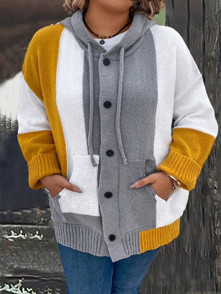 SHEIN LUNE Plus Size Color Block Loose Hooded Pocket Casual Windbreaker Jacket - White - View 1