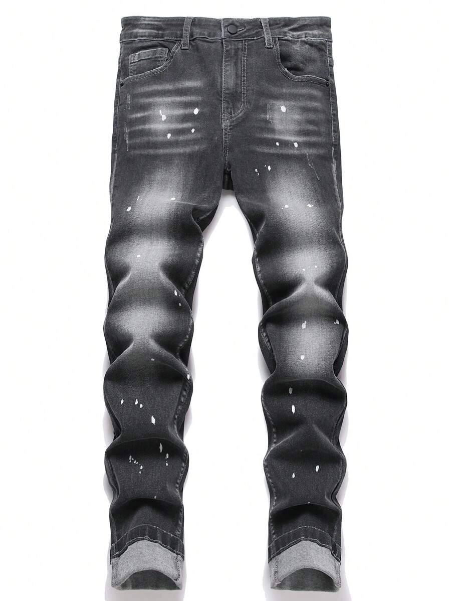 Manfinity Homme Men's Casual Washed Distressed Slim Fit Denim Black Jeans - Grey - View 1
