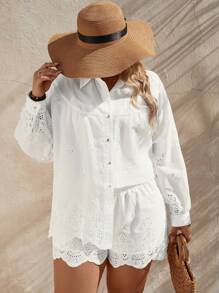SHEIN VCAY 大码白色刺绣宽松长袖上衣和短裤两件套，度假休闲波西米亚风浪漫装扮，情人节 - 白色 - 查看 2