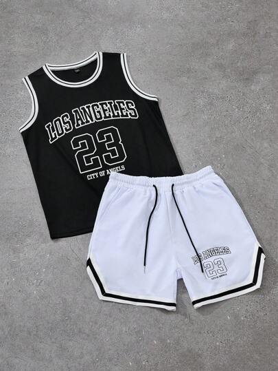 Aesthetic Post 美学邮报——Manfinity运动男士上衣套装，运动篮球短裤，黑白撞色缎带短裤，篮球运动学院服，健身运动服，网眼面料，日常休闲运动服，礼品